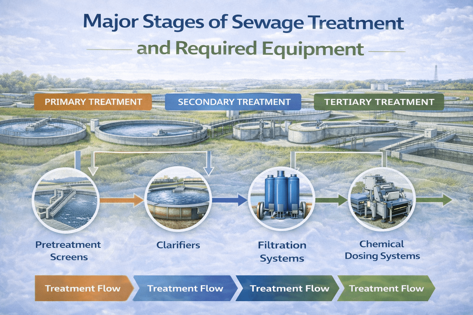 Major Stages of Sewage Treatment and Required Equipment